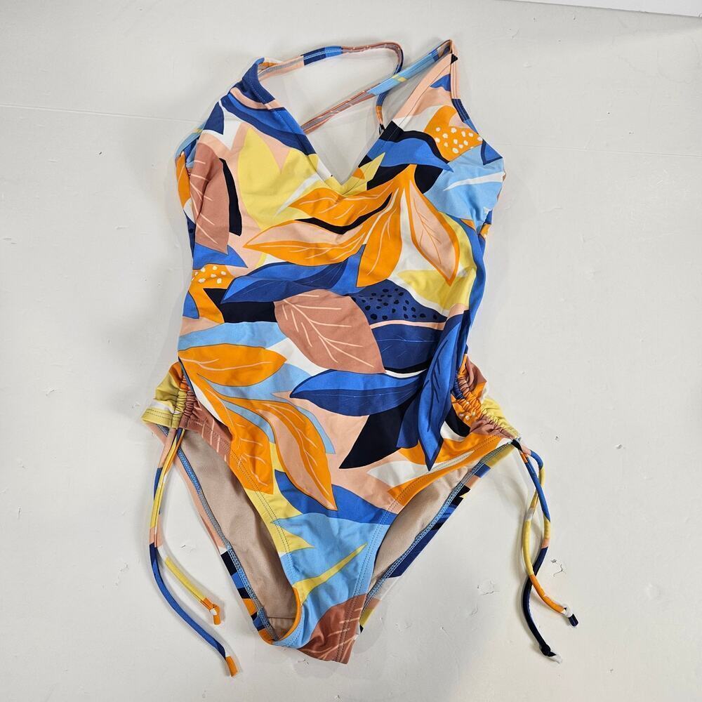 Kona Sol One Piece Swim Orange Tropical Side Cinch Medium